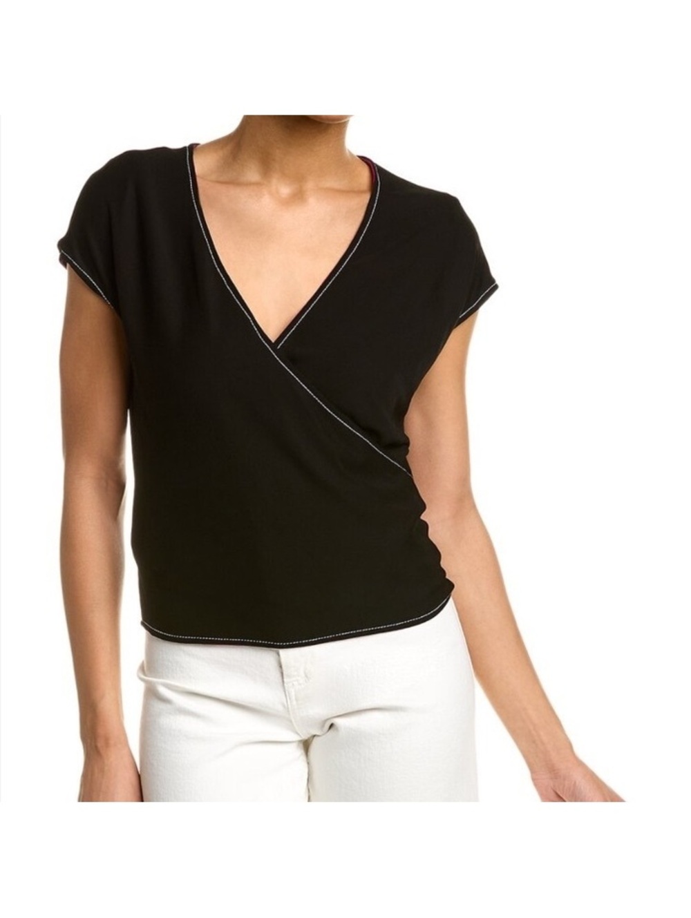 90s Vintage Cap Sleeve Wrap Jersey Mesh Top Stretch Black Contrast Stitching S